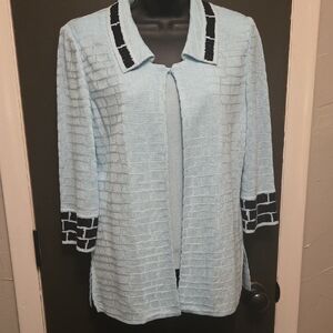 Ming Wang Light Blue Knit Cardigan with Black Details